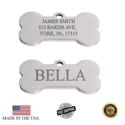 Large Stainless Steel Pet ID Tags, Personalized Dog Tags, up to 4 Lines of Custom Text, Engraved on Both Sides- Bone Style